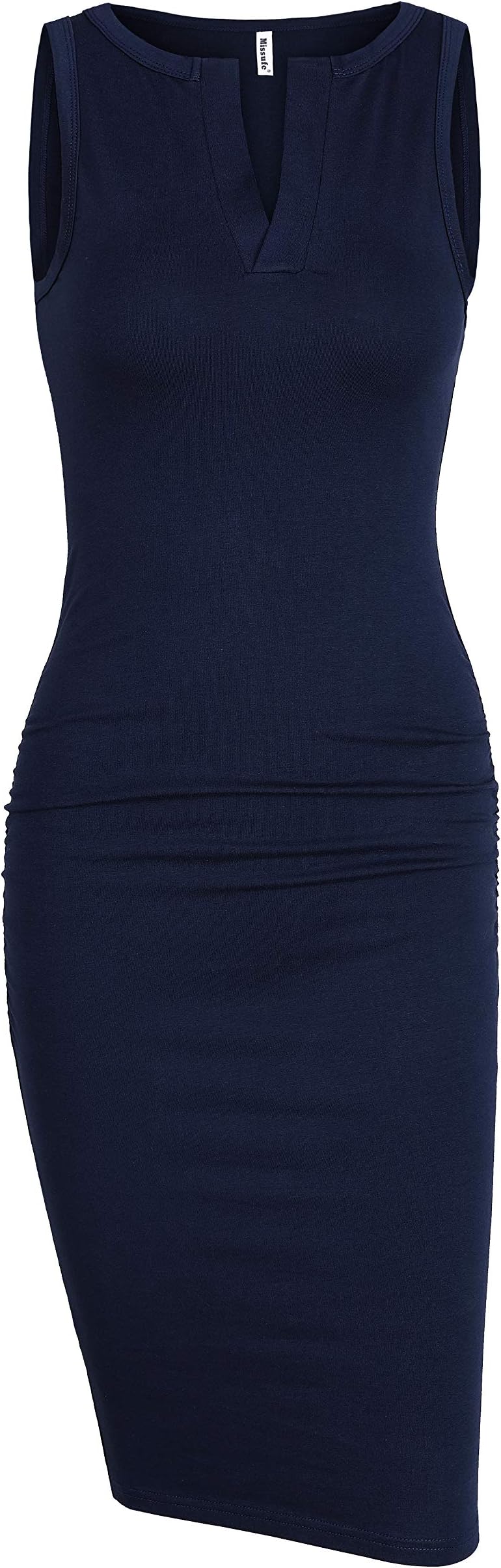 Missufe Women's Sleeveless V Neck Casual Ruched Sundress Sheath Tank Midi Bodycon Dress