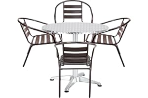 BTEXPERT Indoor Outdoor 23.75" Restaurant Stainless Steel Aluminum Metal Slat Stack Lightweight, 4 Chairs with a Round Table, Silver/Bronze