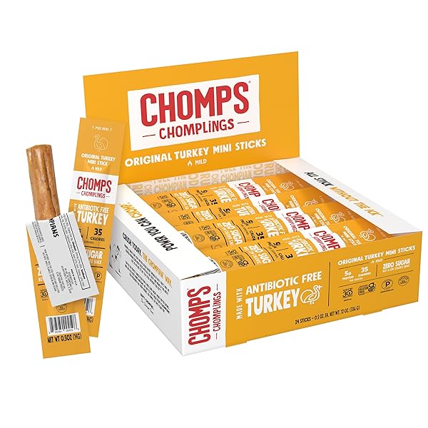 CHOMPS SNACK SIZE ORIGINAL TURKEY JERKY MEAT SNACK STICKS, ABF TURKEY, KETO, PALEO, WHOLE30 APPROVED, LOW CARB, HIGH PROTEIN, GLUTEN FREE, SUGAR FREE, NITRATE FREE, 35 CALORIES 0.5 OZ STICKS, ORIGINAL TURKEY 24 PACK