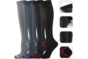 Kickticks 4 Pairs Compression Socks for Woman & Man Unisex 20-30mmHg Knee high Plus Size Wide Calves for Flying Running…