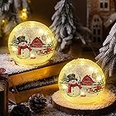 Tujoe 2 Pcs Christmas Decorations Indoor Snowman Crackle Glass Globe 4" Ball Lamp Night Lights with LED Timer Battery Operated Lighted Christmas Table Decorations for Home Centerpiece Party Gift
