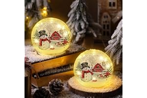 Tujoe 2 Pcs Christmas Decorations Indoor Snowman Crackle Glass Globe 4" Ball Lamp Night Lights with LED Timer Battery Operated Lighted Christmas Table Decorations for Home Centerpiece Party Gift