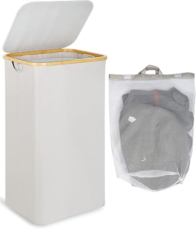 efluky 100L Laundry Basket with Lid Bamboo Handles XL Foldable Light Grey