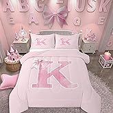 Erosebridal Pink Bow Comforter Set Full,Monogrammed Bedding Gifts for Women Teen Girls,Initial Letter K Quilt,Bowknot Initial Birthday Gifts Bedroom Room Decor for Her,All Season(K)
