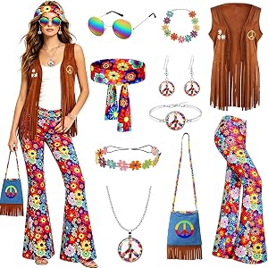 Fantspati 70s Fancy Dress Women, Hippie Costume with Fringe Vest Flared Pants Necklace Set, 60s 70s Disco Fancy Dress, 1970s