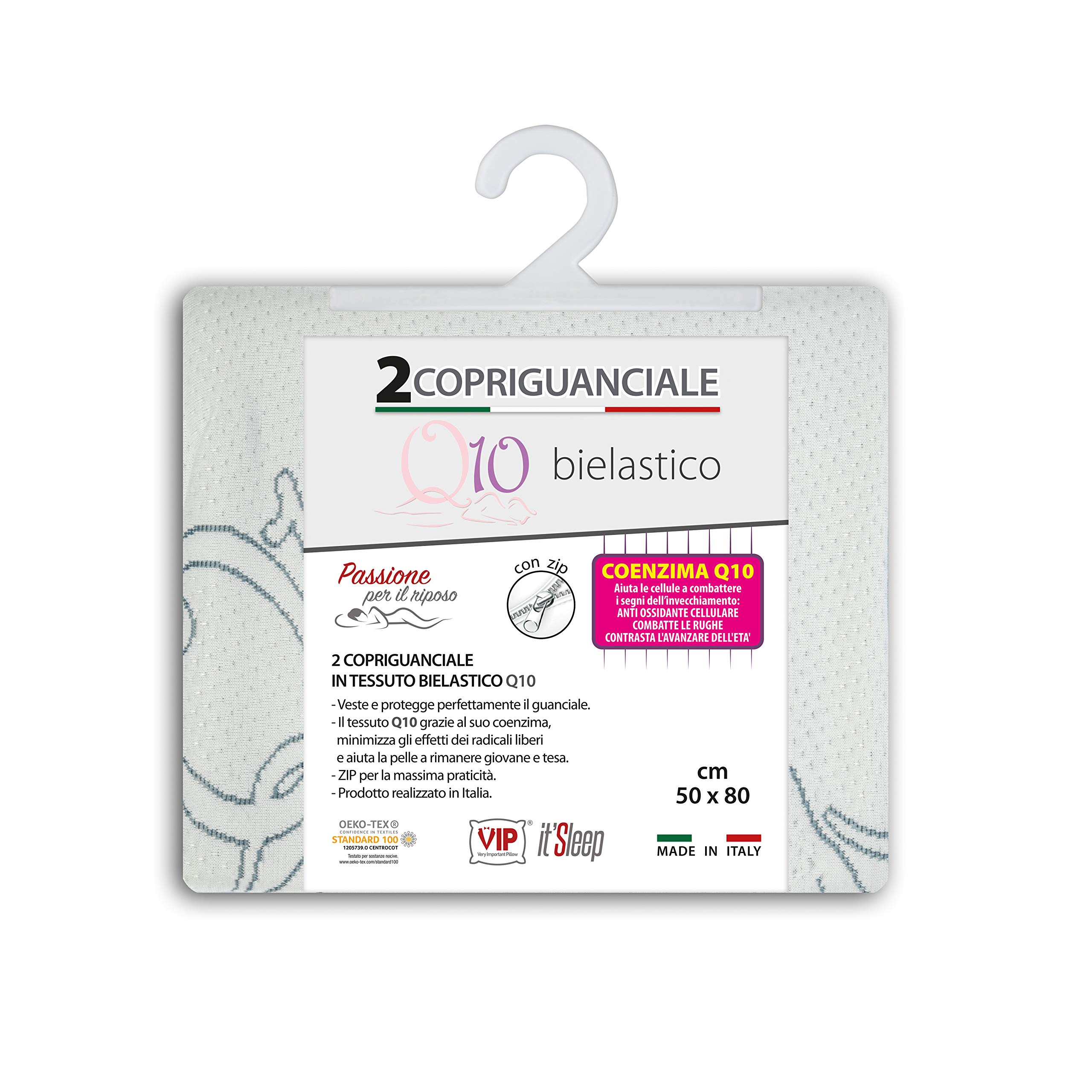 V.I.P. Pair of Pillowcases with microcapsules of CO-petrol Q10 that protects the skin from aging, Stretch Jacquard fabric with Zip for Pillow Memory 50 x 80 cm, Made in Italy