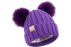 Kids Winter Beanie Hat Warm Ski Caps with Pompom Fleece Lined Children's Knit Hat for Boys Girls