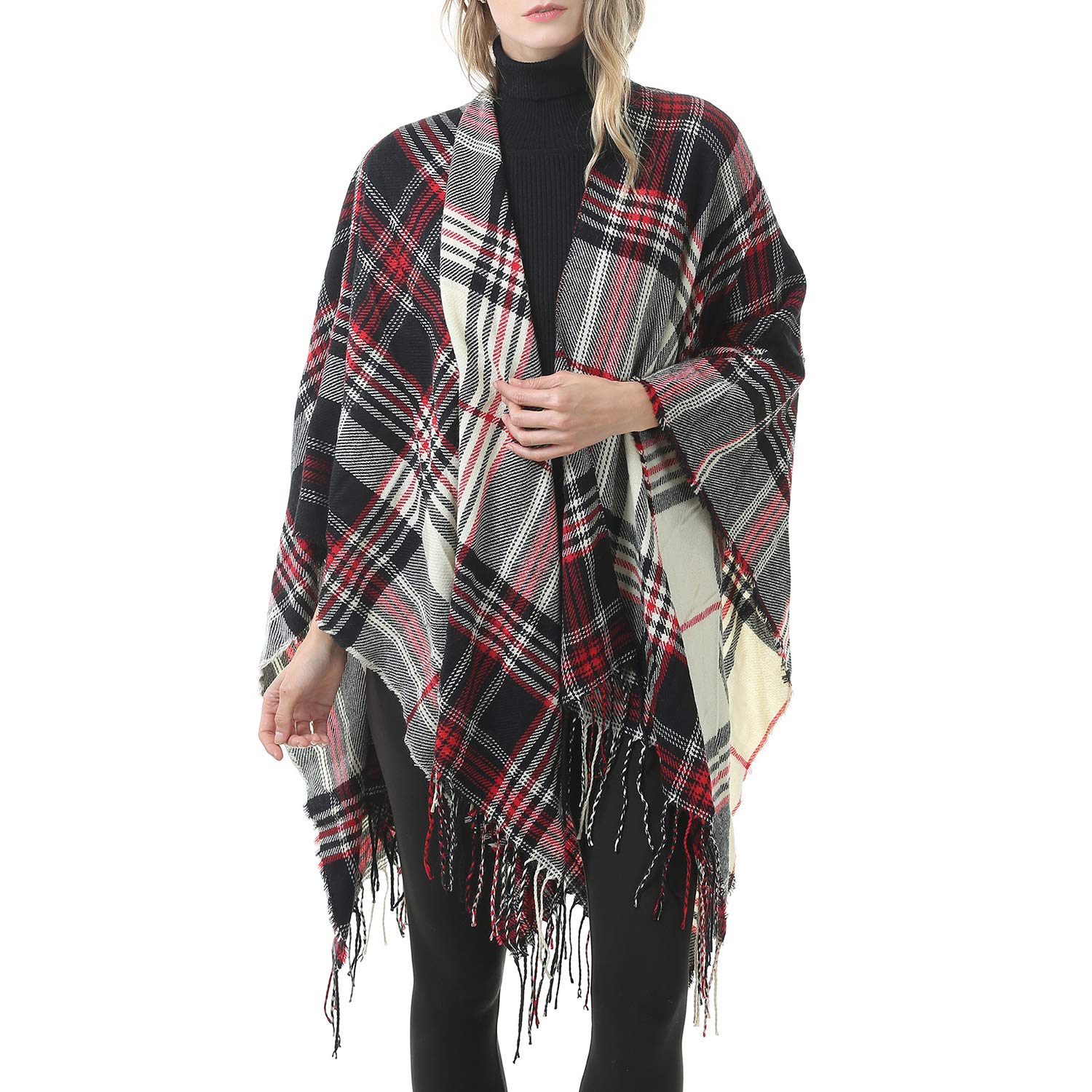 Zando Womens Tassel Plaid Shawls Printed Open Front Blanket Ponchos for ...