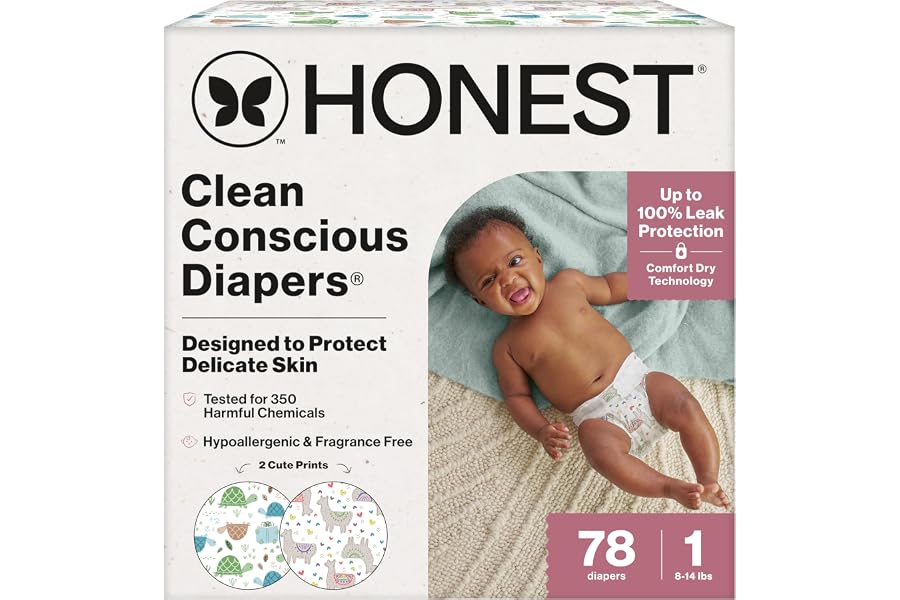 The Honest Company Comfort Dry Disposable Daytime Diapers for Sensitive Skin, Hypoallergenic, All the Alpacas + Turtle Time, 