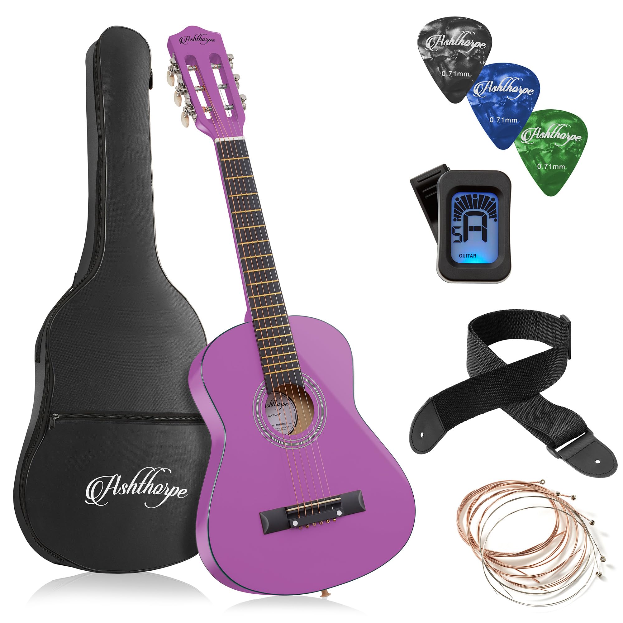 Ashthorpe 30-inch Kids Acoustic Guitar (Purple), Beginner Starter Kit with Gig Bag, Extra Strings, Strap, Picks, and Lessons
