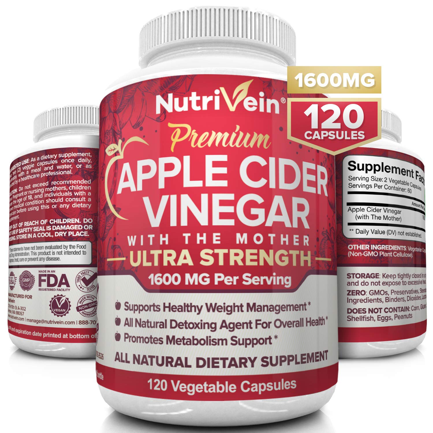 Nutrivein Apple Cider Vinegar Capsules with Mother 1600mg 120 Vegan