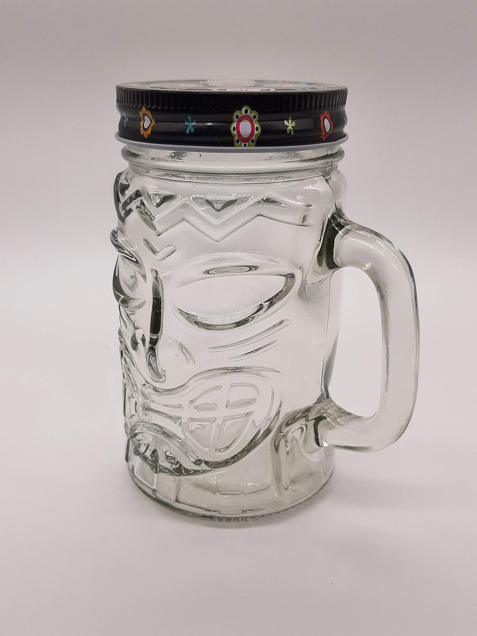Godskitchen 450 ml Transparent Tiki Glass Mason Jar with Handle & Multicolour Lid. (1 Piece)