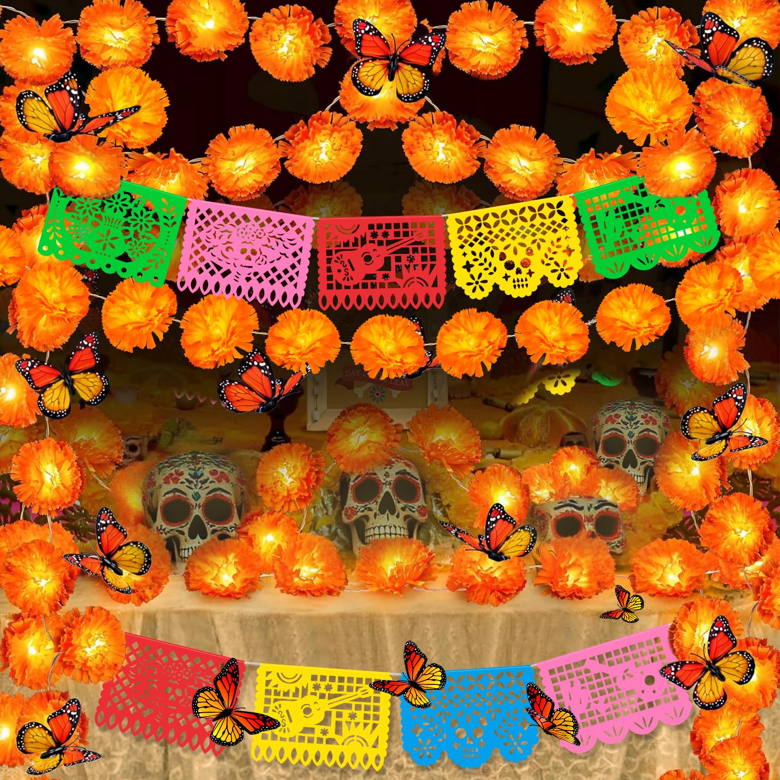 Photo 1 of 4 Pack Marigold Garland Day of The Dead Decorations Set, Total 40Ft 80 Lighted Artificial Marigold Flowers 24 Butterfly and 9 Plastic Papel Picado for Dia De Los Muertos Indian Diwali Altar Decor