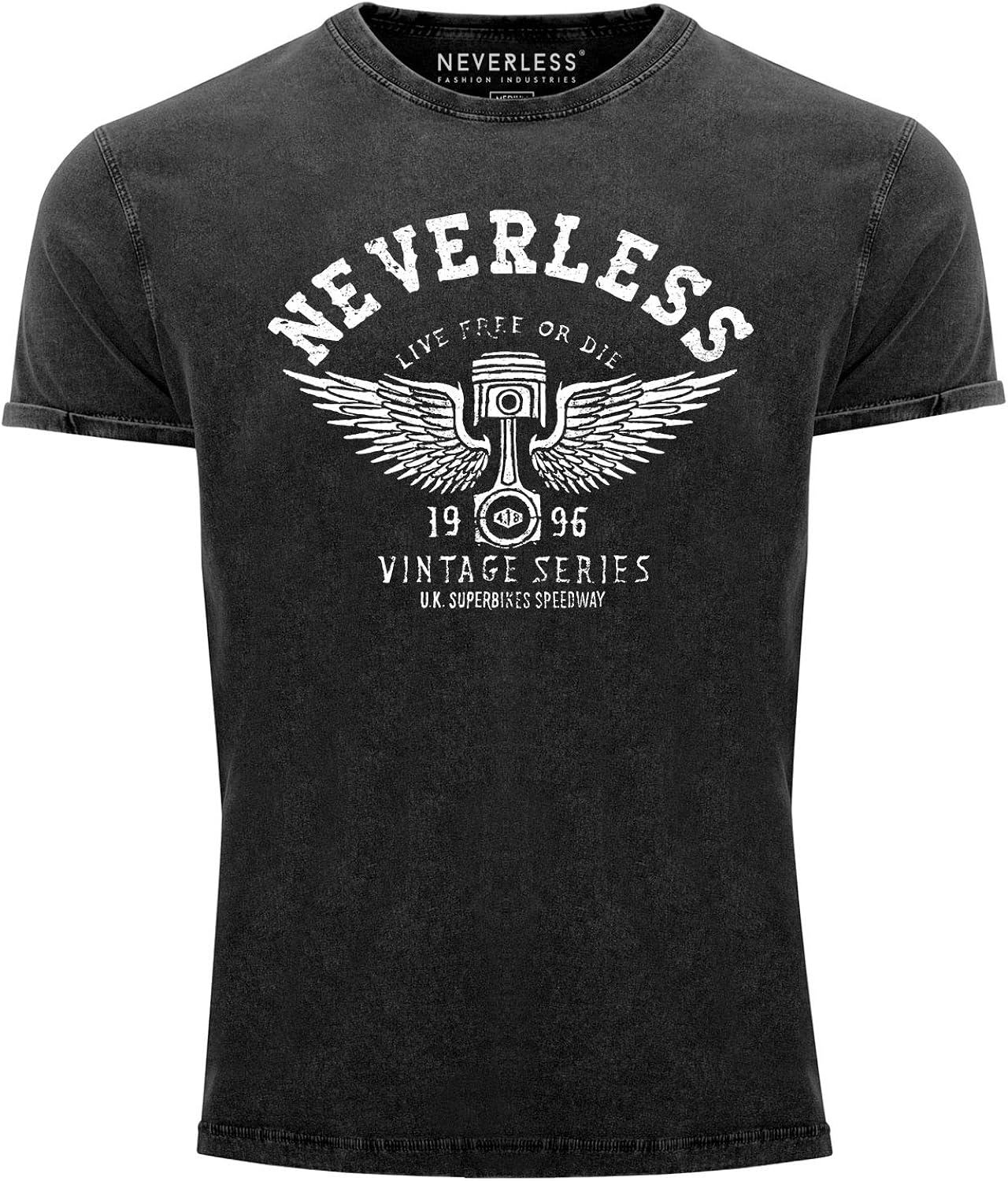 Neverless® Men's TShirt Vintage Shirt Print Shirt Retro Car Piston Used Look Slim Fit Black