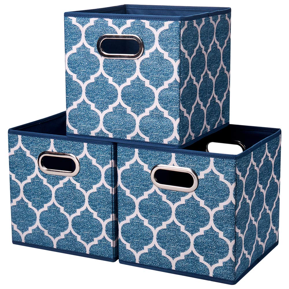 HSDT 3 Cube Storage Bins Blue Navy 10.5x10.5x11 Inch Foldable Grid Lantern Print Fabric Half Storage Basketes for Home Organizers Storage Drawer,QY-SC09-3