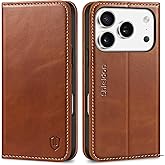 SHIELDON Genuine Leather Wallet Case for iPhone 17 Pro 6.3" 2025 | Flip Cover | Magnetic Closure | RFID Blocking Credit Card Holder | Kickstand | Shockproof Phone Cover | Retro Brown