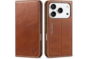 SHIELDON Genuine Leather Wallet Case for iPhone 17 Pro 6.3" 2025 | Flip Cover | Magnetic Closure | RFID Blocking Credit Card Holder | Kickstand | Shockproof Phone Cover | Retro Brown
