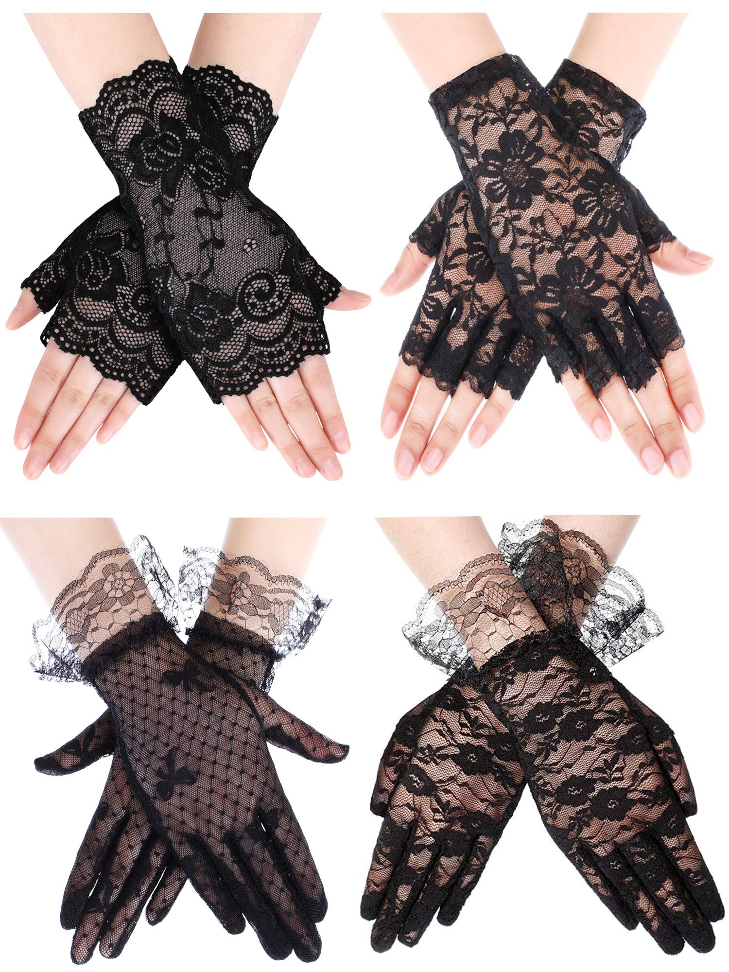 Geyoga 4 Pairs Lace Gloves Women Fingerless Tea Party Elegant Short Lace Gloves for Holy Communion Wedding Bridal Halloween Party(Black)