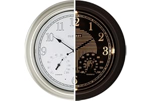 CLXEAST 18 Inch Illuminated Outdoor Indoor Atomic Analog Wall Clock with Temperature & Humidity Combo, Lighted Outdoor Clocks for Patio Large Waterproof with Thermometer, Modern Morning Silver/Gold