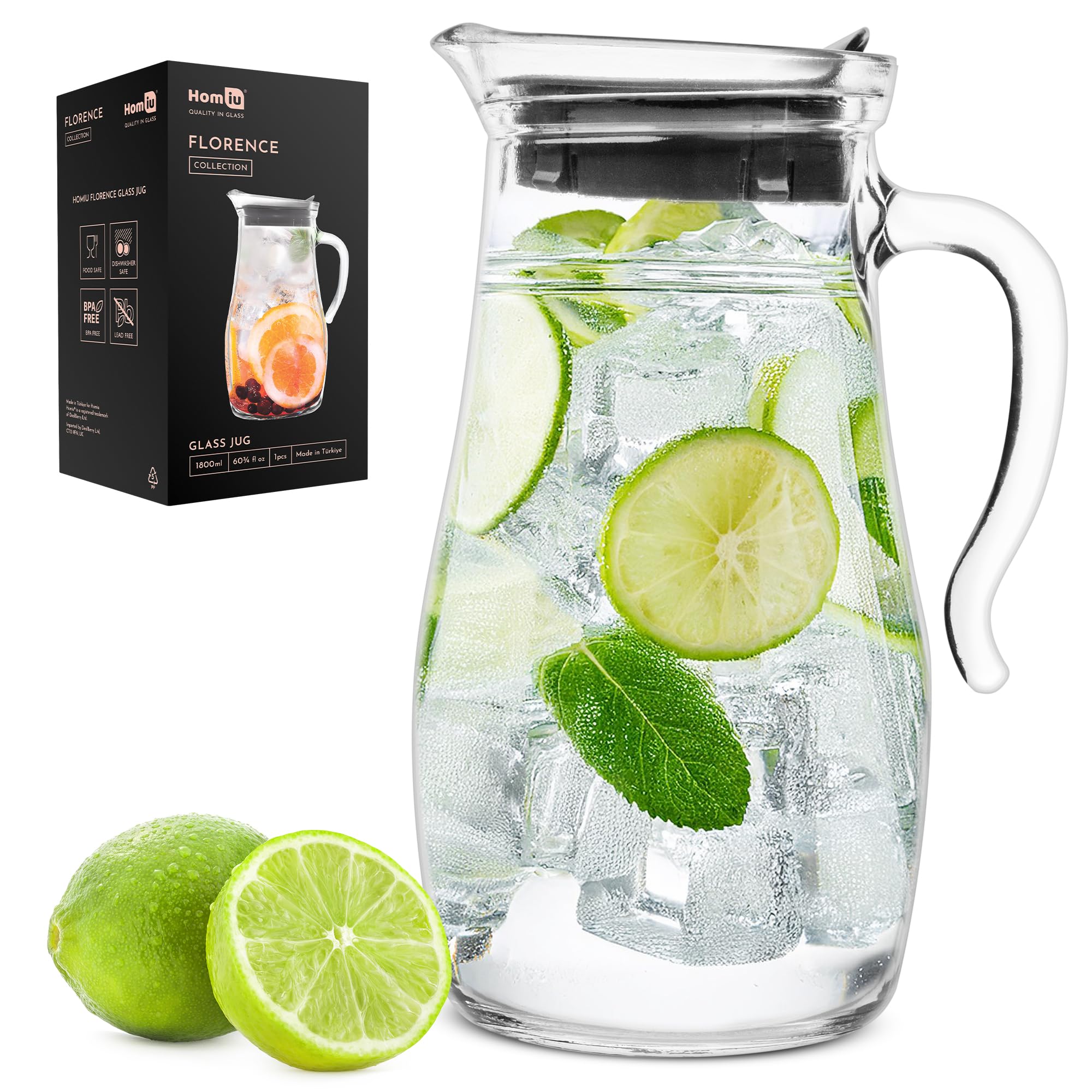 Homiu 1.8L Glass Water Jug | Glass Jug with Lid | Glass Pitcher,Glass Carafe with Lid | Iced Tea Pitcher Water Jug Hot Cold Water Wine Coffee Milk and Juice Beverage Carafe | Water Jug for Fridge