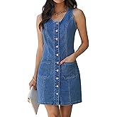 luvamia Denim Dresses for Women Sleeveless Stretchy Jean Summer Casual Western Short Button Down Dress with Patch Pocket