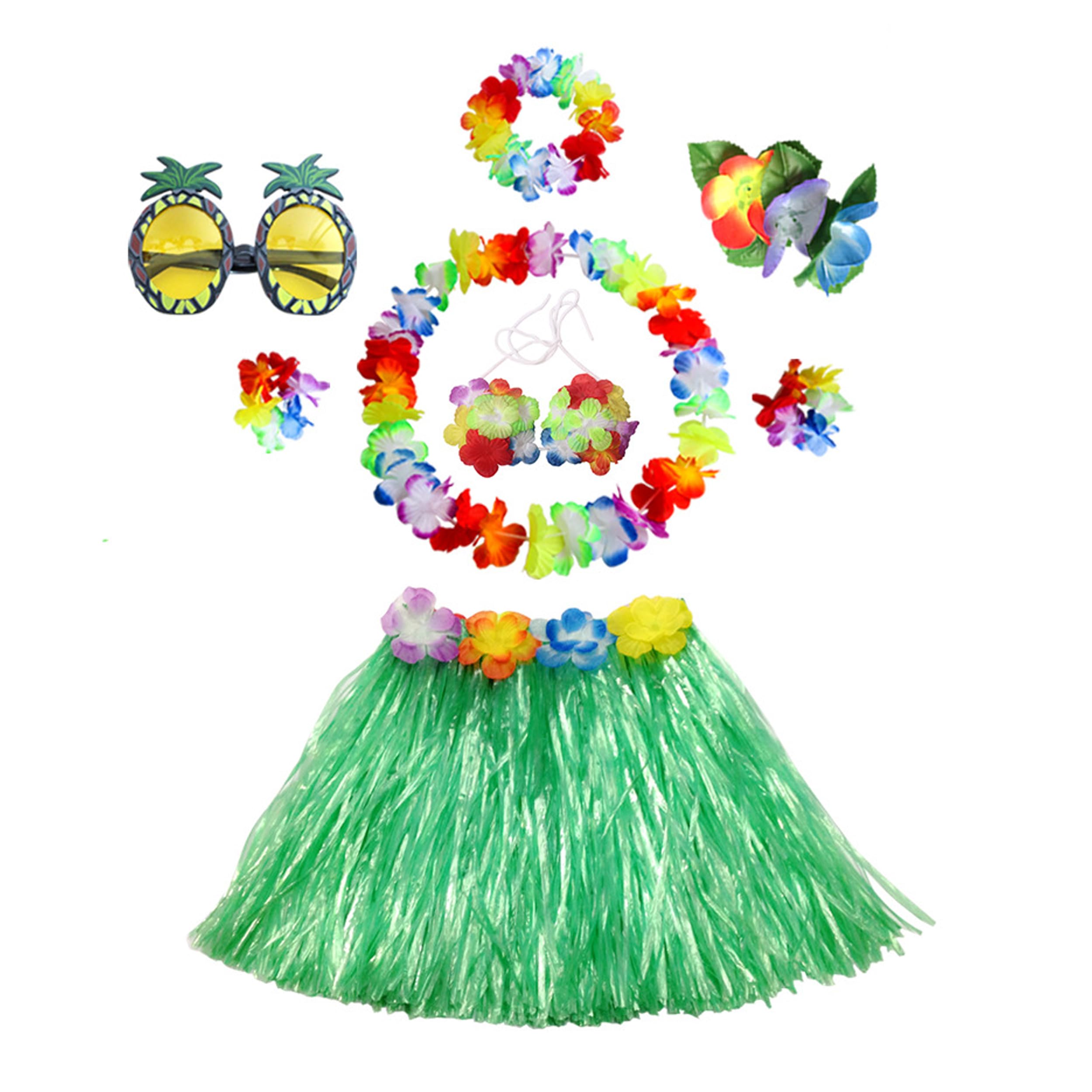8 Pcs Hawaiian Hula Skirt Costume Set, 40cm Hawaiian Grass Skirt, Hawaii Leis Hula Grass Skirt Lei Flower Lei Luau Garland for Novelty Luau Skirts Party