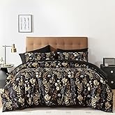 WONGS BEDDING Black and Gold Comforter Set Queen Size,7 Pieces Floral Bed in a Bag Botanical Microfiber Bedding Comforter Sets Soft Lightweight Bed Set with Sheet,Pillowcases&Shams