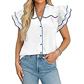 Tankaneo Womens Ruffle Short Sleeve Blouse V Neck Button Down Shirts Color Block Trendy Casual Tops