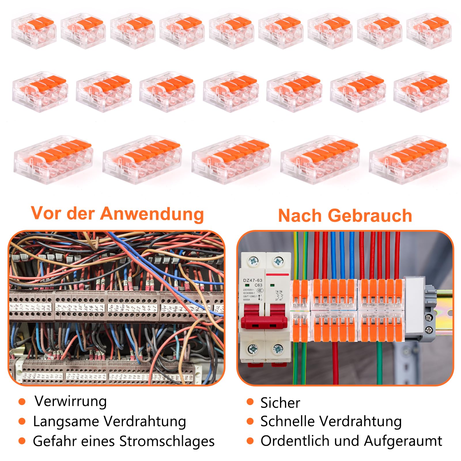 Kabelverbinder Kabelklemmen Elektro, 60 Stück Verbindungsklemmen Klemme mit Betätigungshebel, 4mm² Leiter Klemme Lüsterklemmen Verbindungsklemme Kombiniert Werden für Feste Kabe 2-3-5 Leiter 6