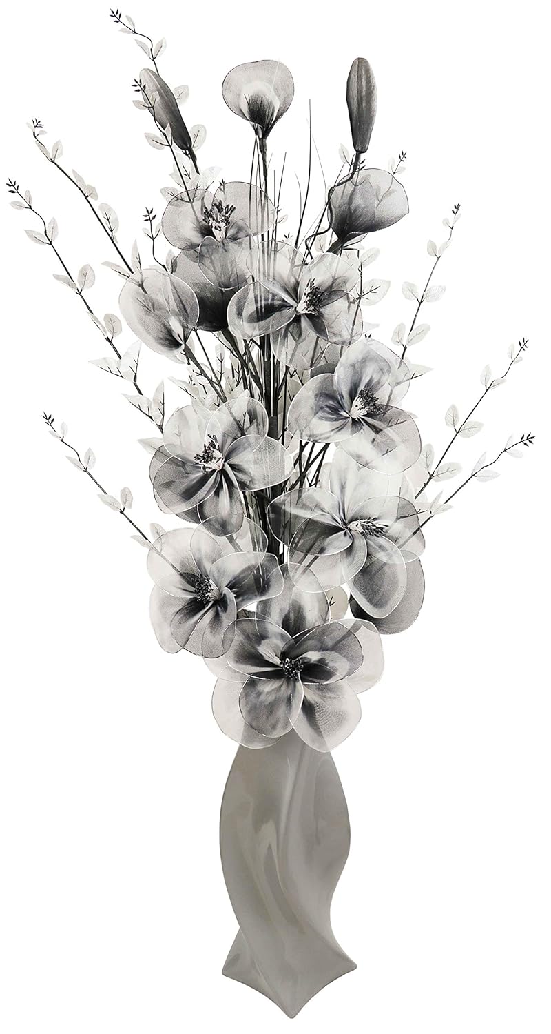 Flourish Large Floor Vase with Artificial Flowers, Grey, Black and