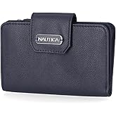 Nautica Womens, Close Reach Vegan Leather RFID Wallet, Small Credit Card Holder Purse with Zipper Coin Pocket and ID Window in Indigo