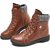 FRACORA Women's PU Leather Combat Boots Warm Fur Lined Black Ankle Booties Side Zipper White Boots Non-slip Winter Boots