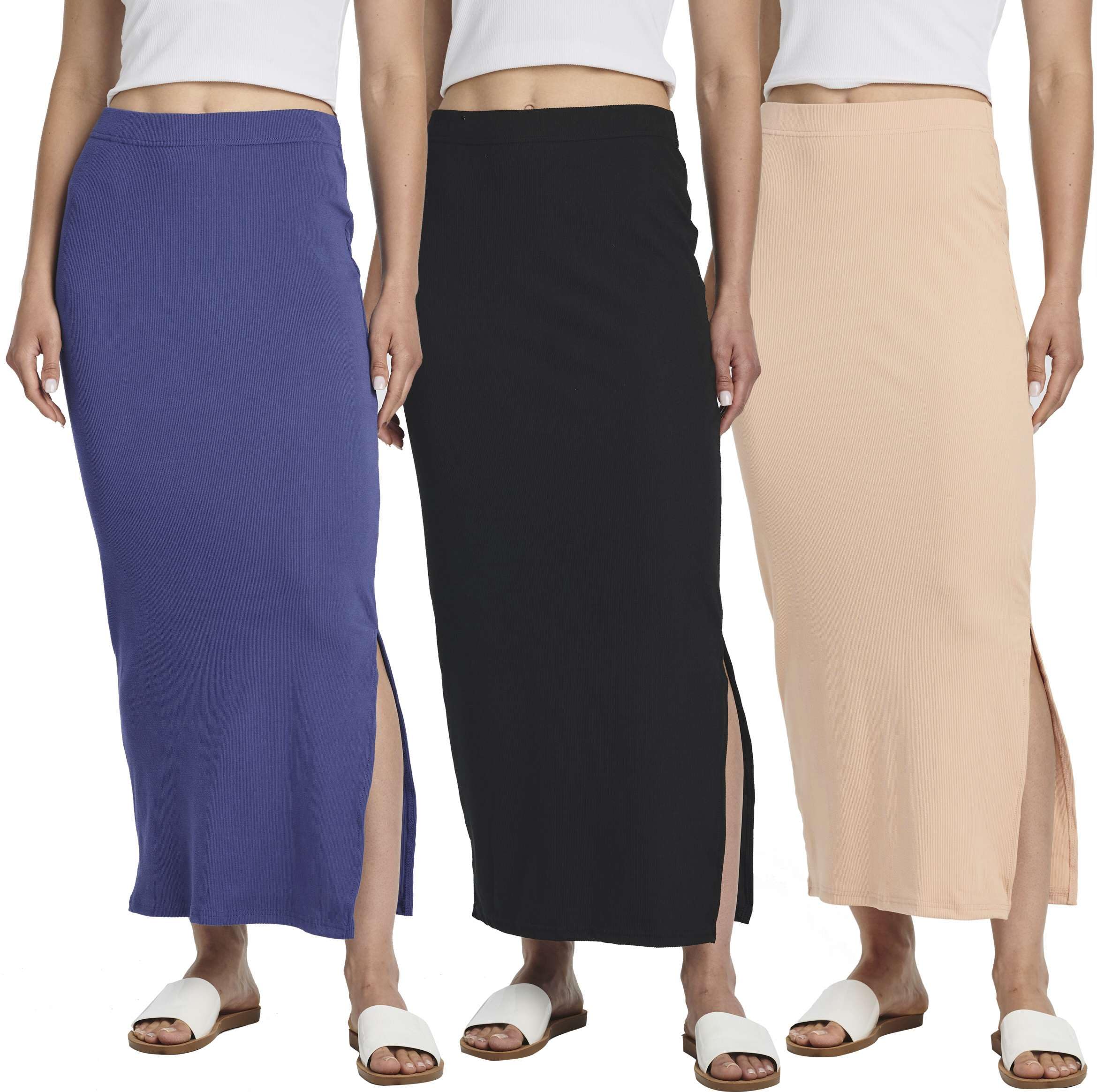 Photo 1 of (PARTIAL SET) (MISSING 1) Real Essentials 3 Pack: Women's Ribbed High Waisted Maxi Skirt with Side Slit - Casual Long Pencil Skirt