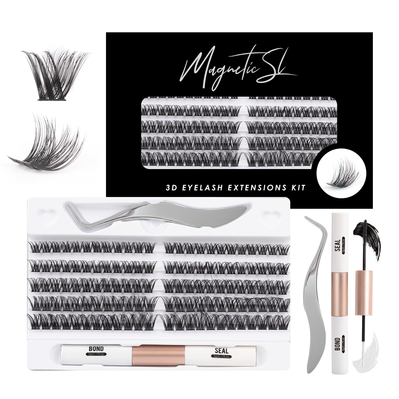 Magnetic SL Individual Lashes 120 Cluster Lashes 3D False Natural Look D Curl Reusable Fluffy Extension Kit w/ Applicator & Lash Bond & Seal DIY Cluster Eyelash Extensions Mix 10-16MM-DM27, Black