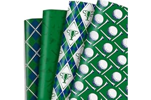 Dtiafu Golf Wrapping Paper for Men Boys Girls - 8 Sheets Green Elegant Gift Wrap with 4 Golf Champions Plaid Patterns for Birthday - Pre Cut& Folded Flat Design(20 X 27 Inch Per Sheet)