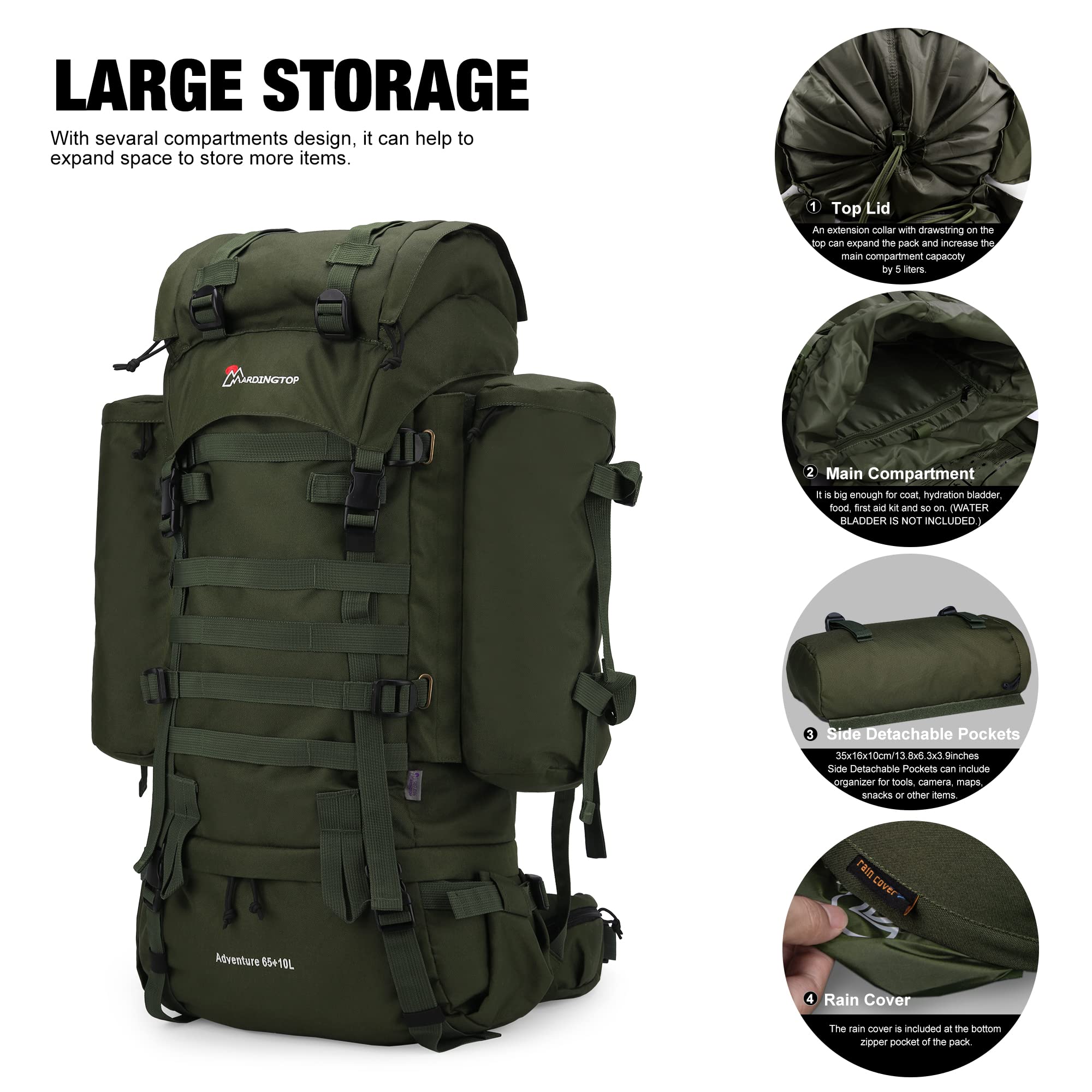 Mardingtop 65+10L Internal Frame Backpack with Rain Cover for Military