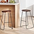HeuGah Bar Stools, Solid Wood Barstools Set of 2, 30" Bar Height Bar Stools with Metal Leg, Rustic Backless Bar Stools for Kitchen Island, Bar Chairs with Solid Wood Saddle Seat (Walnut, 30 Inch)