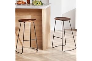 HeuGah Bar Stools, Solid Wood Barstools Set of 2, 30" Bar Height Bar Stools with Metal Leg, Rustic Backless Bar Stool for Kitchen Island, Bar Chairs with Solid Wood Saddle Seat (Walnut, 30 Inch)
