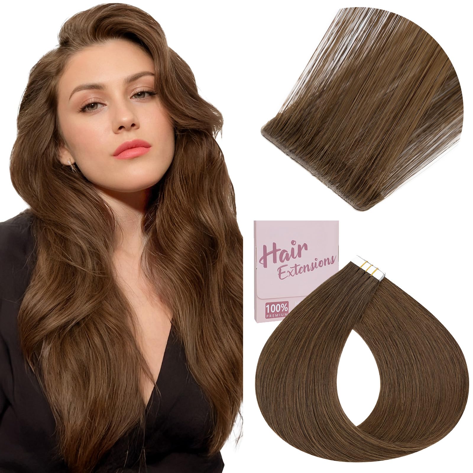 Elailite Injection Tape in Hair Extensions Human Hair - Invisible Skin Weft Remy Natural Real Hair Extension Straight 10 Pcs 20g - #4Y Medium Brown - 12 Inch — image 1