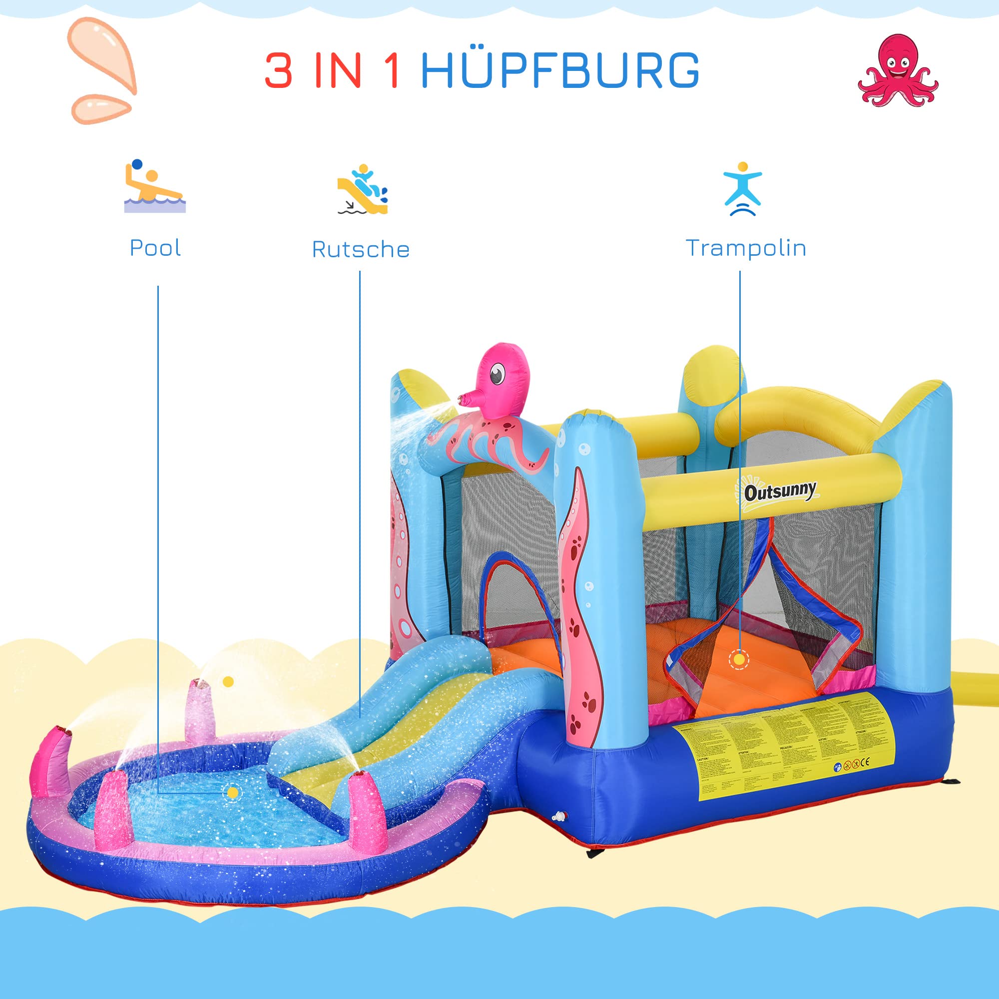 Outsunny Aufblasbare Hüpfburg mit Rutsche Springburg Spielburg Wasserpark für Kinder Trampolin aufblasbar Wasserrutsche Pool für 3-8 Jahre Oktopus-Muster Oxfordstoff 360 x 175 x 180 cm 3