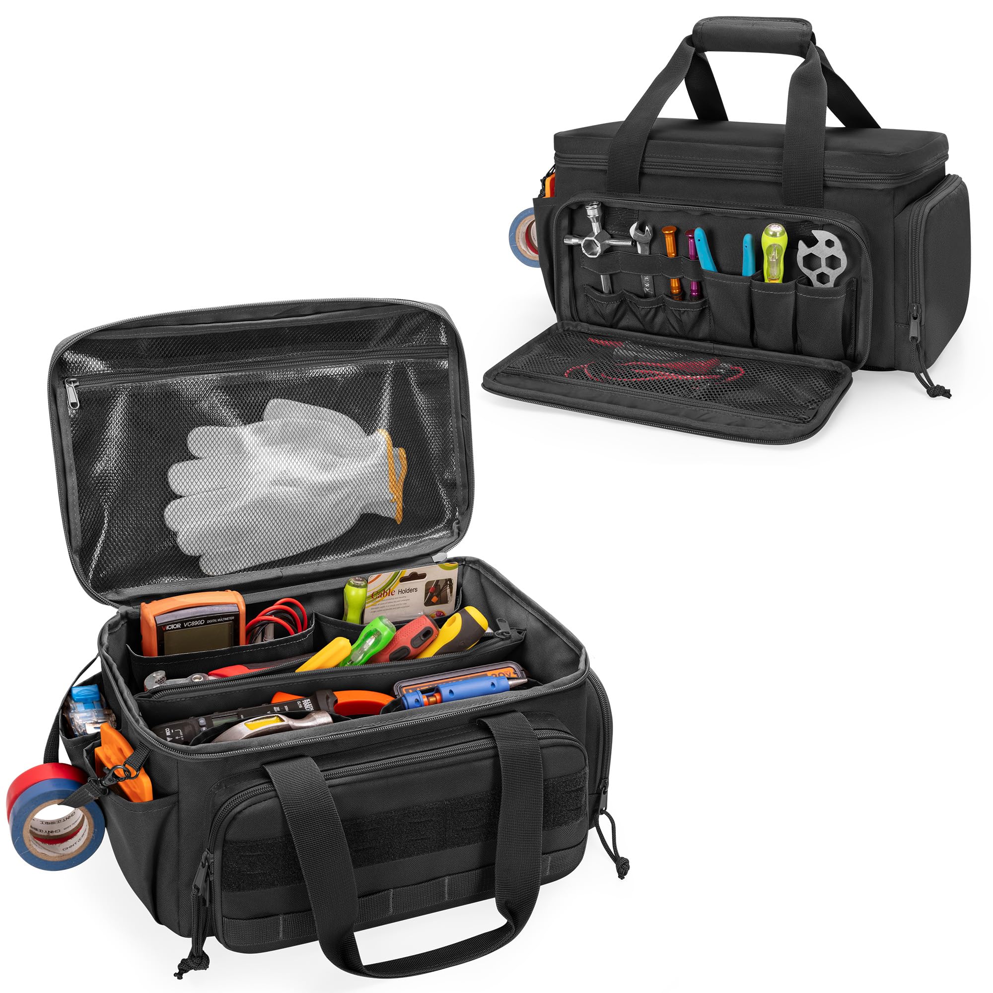 Rexmica 14 Inch Small Tool Bag with Anti-slip and Padded Bottom, Tactical Tool Range Work Bag for Car, Garden Repair, Heavy Duty Tool Storage Organiser Bag with Multi-Pocket for Electrician, Carpenter