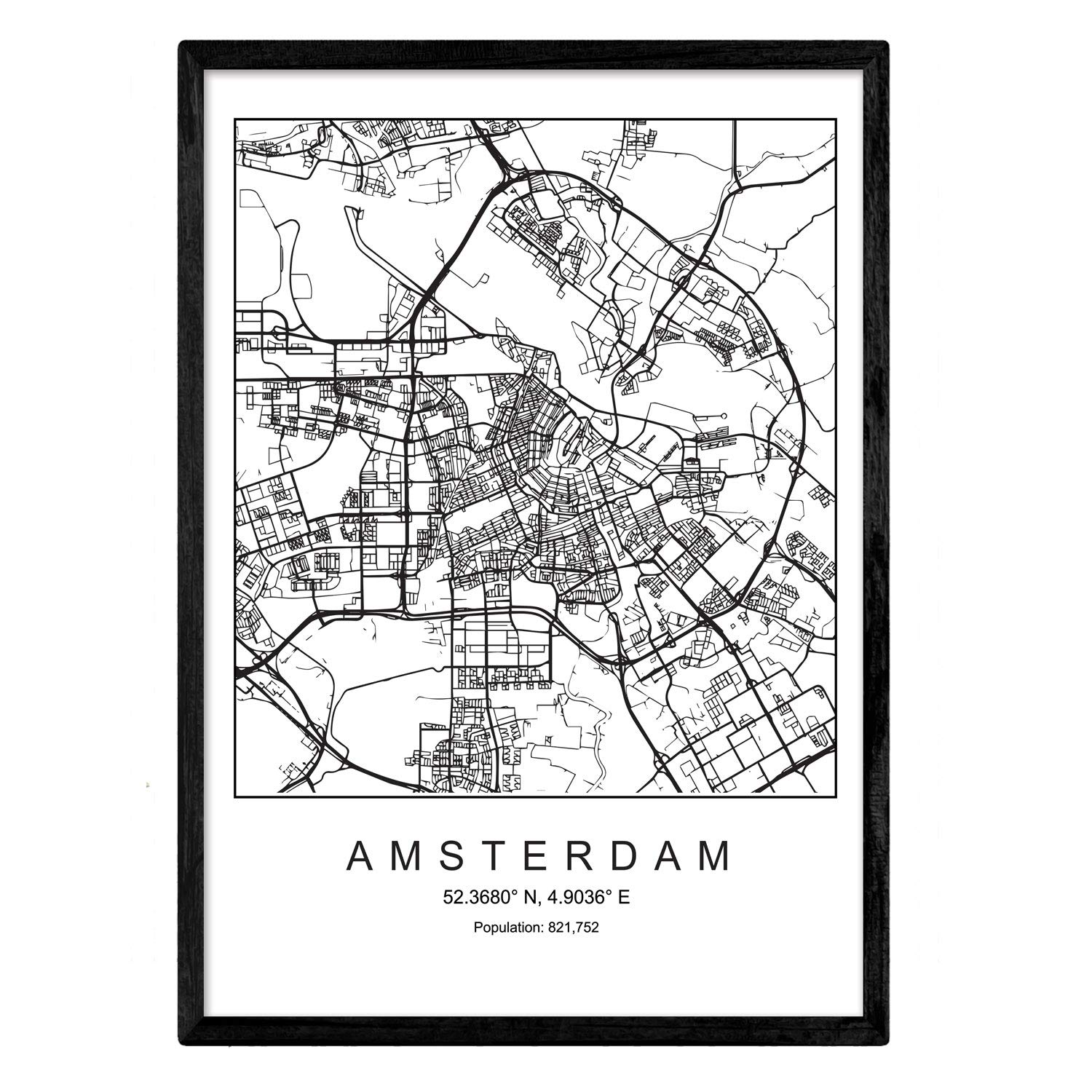 Print city map Amsterdam Scandinavian style in black and white. Poster A4 Printed paper No 250 gr. Paintings, prints and posters for living room and bedroom
