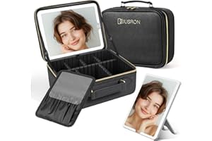 Travel Makeup Bag with LED Mirror, Portable Cosmetics Organizer with Adjustable Dividers Compartment