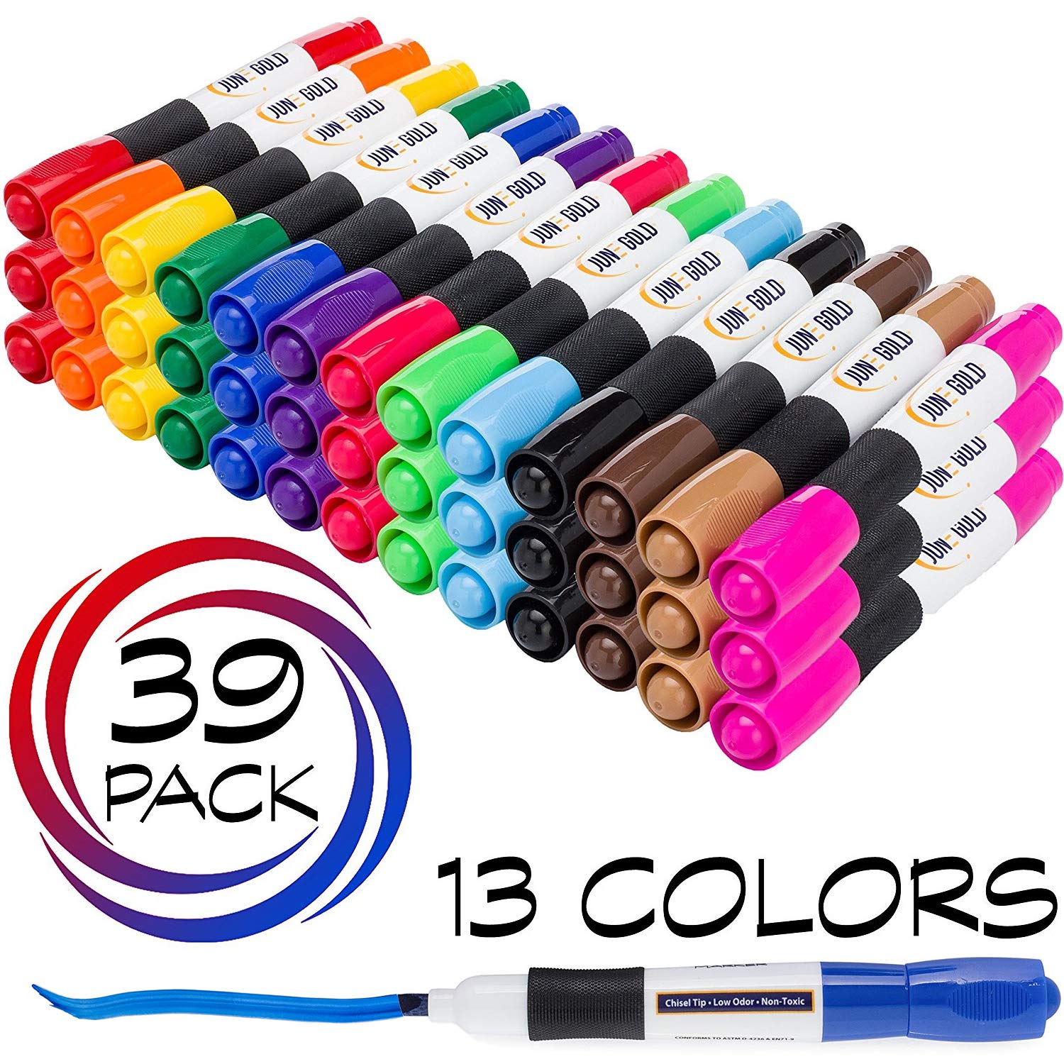 June Gold 39 Assorted Colored Dry Erase Whiteboard Markers, 13 Unique