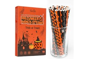 PakTalk Halloween Straws, 6 Mixed Style Orange Black and White Halloween Paper Straws, Biodegradable Pumpkin Bat Spider Skull Drinking Straws for Halloween Party Supplies (0.24" x 7.75", 100 Packs)