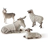 Willow Tree Sheltering Animals for The Holy Family, Giving Watch, Warmth, Protection, Gray-White Standing Goat, Gray Donkey, 2 White Sheep, Sculpted Hand-Painted Nativity Scene Figures, 4-Piece Set