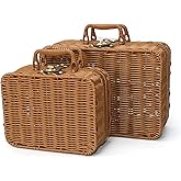 Mini Wicker Picnic Basket, Decorative Prop Suitcase Vintage Storage Hamper Makeup Organizer, Metal Lock Rattan Storage Box with Handles for Sundries Travel Camping and Outdoor Party (Brown, L+S)