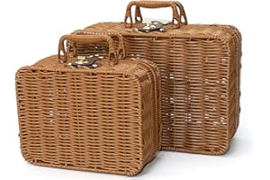 ETNORSU Wicker Picnic Basket, Decorative Prop Suitcase Vintage Storage Hamper Makeup Organizer, Metal Lock Rattan Storage Box with Handles for Sundries Travel Camping and Outdoor Party (Brown, Large+Small)