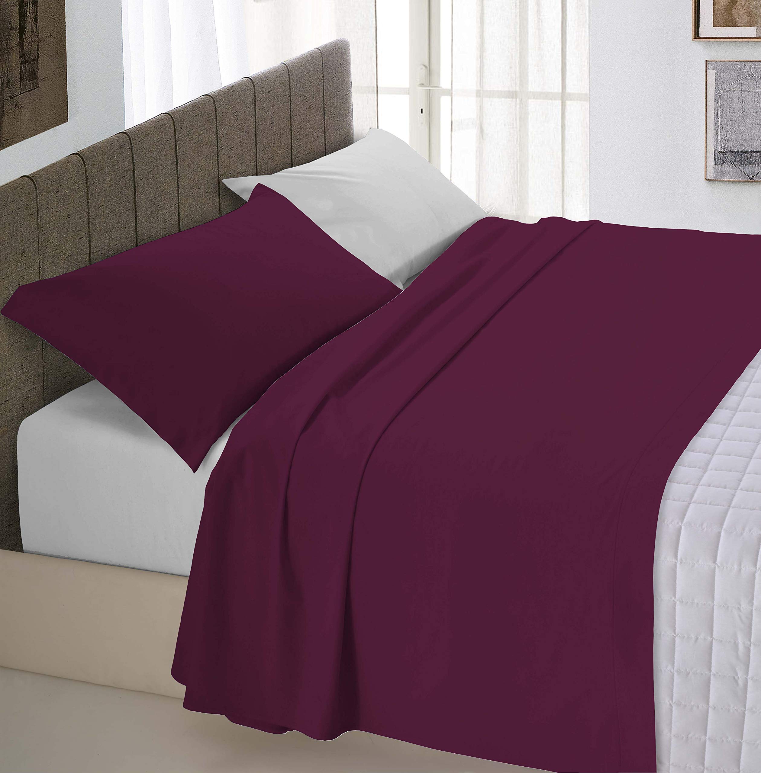 Italian Bed Linen Natural Colour Bed Sheet Set, Plum/Light Gray, Small double