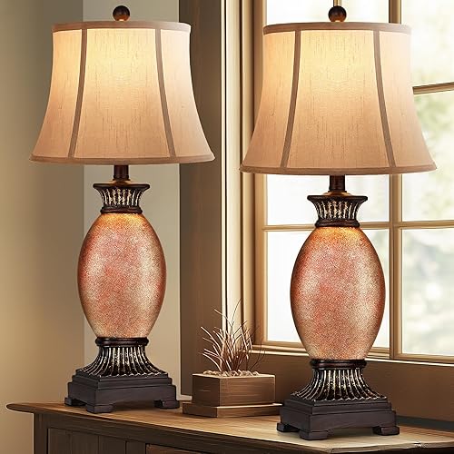29" Tall Farmhouse Rustic Table lamps Set of 2 for Living Room,3-Color Temperature Dimmable Country Antique Bedroom Nightstand Lamps for Retro Decor,Amber Vintage Traditional Bedside Lamp (Dark Brown)